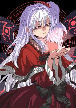 1girl absurdres black_bow bow commentary dress dress_bow frilled_dress frills grey_nagato hair_bobbles hair_ornament highres long_hair magic_circle own_hands_together red_dress shinki_(touhou) side_ponytail solo touhou touhou_(pc-98) white_hair