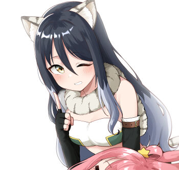 Rule 34 | 2girls, animal ears, arm belt, belt, black gloves, black hair, breasts, closed eyes, commentary request, dot nose, dutch angle, elbow gloves, finger to mouth, fingerless gloves, gloves, grey hair, hair between eyes, hair ornament, hatsune (princess connect!), head out of frame, highres, junsuina fujunbutsu, long hair, medium breasts, multicolored hair, multiple girls, one eye closed, out of frame, parted lips, pink hair, princess connect!, scarf, shiori (princess connect!), shushing, simple background, sleeping, sleeveless, star (symbol), star hair ornament, tail, white background, yellow eyes