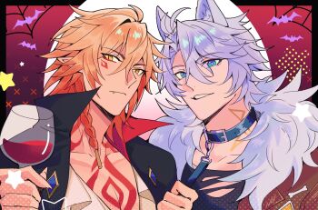 2boys alternate_costume animal_ears antenna_hair black_coat black_collar black_shirt blonde_hair blue_eyes braid chest_tattoo coat collar commentary cup dadadabibadum english_commentary facial_tattoo fang fur-trimmed_jacket fur_trim gradient_hair halloween_costume highres holding holding_cup honkai:_star_rail honkai_(series) jacket male_focus medium_hair multicolored_hair multiple_boys mydei_(honkai:_star_rail) neck_tattoo open_clothes open_coat parted_bangs phainon_(honkai:_star_rail) red_hair red_jacket red_tattoo shirt short_hair side_braid sun_symbol sun_tattoo tan tattoo torn_clothes torn_shirt white_hair white_shirt wolf_boy wolf_ears yellow_eyes