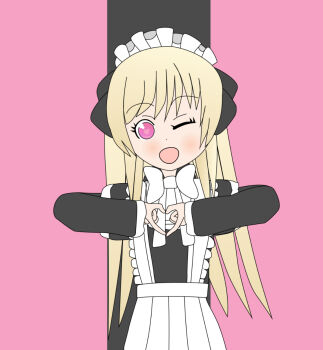 1girl ;d alternate_costume blonde_hair chaos_marie_(grimms_notes) grimms_notes heart heart_hands long_hair looking_at_viewer maid one_eye_closed open_mouth smile solo upper_body