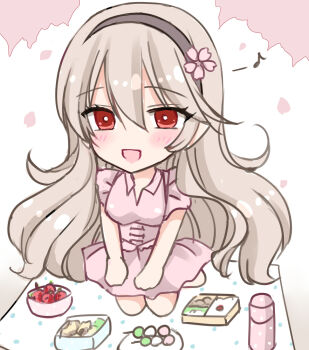 Rule 34 | 1girl, :d, barefoot, bento, black hairband, blanket, bowl, breasts, brown hair, chibi, collared shirt, commentary request, dango, eighth note, female corrin (fire emblem), fire emblem, fire emblem fates, flower, food, full body, hair between eyes, hairband, kirishima riona, medium breasts, musical note, nintendo, open mouth, petals, picnic, picnic blanket, pink flower, pink shirt, pink skirt, plate, pleated skirt, red eyes, sanshoku dango, shirt, skirt, smile, solo, thermos, wagashi