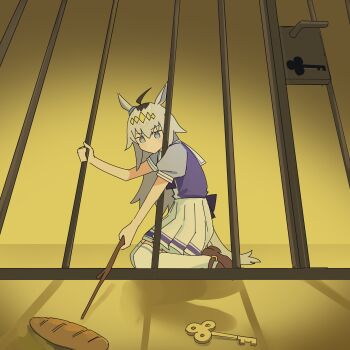 1girl absurdres ahoge animal_ears black_hair bread bread_tastes_better_than_key_(meme) brown_shoes colored_skin commentary english_commentary food grey_hair hair_between_eyes hair_ornament highres holding holding_stick horse_ears horse_girl horse_tail iron_bars jitome key kneeling long_hair meme multicolored_hair myticalcat oguri_cap_(umamusume) purple_shirt school_uniform shirt shoes short_sleeves solo stick streaked_hair summer_uniform tail thighhighs tracen_school_uniform umamusume white_skin white_thighhighs