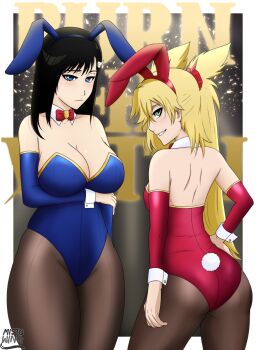 2020 2girls absurdres animal_ears artist_name bare_back bare_shoulders black_hair blonde_hair blue_eyes blue_leotard border breasts burn_the_witch cleavage cuffs elbow_gloves fake_animal_ears fake_bunny_ears fake_tail gloves green_eyes hand_on_own_hip highres large_breasts leotard long_hair mistowing multiple_girls niihashi_noel ninny_spangcole playboy_bunny red_leotard strapless strapless_leotard tail white_border white_wrist_cuffs wrist_cuffs