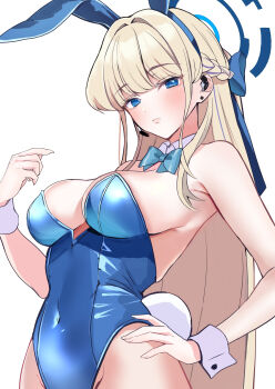 1girl absurdres animal_ear_hairband animal_ears blonde_hair blue_archive blue_eyes blue_halo blue_leotard blush breasts commentary_request earpiece fake_animal_ears hairband halo hand_on_own_hip highres large_breasts leotard long_hair nakano_kura playboy_bunny rabbit_ear_hairband rabbit_ears rabbit_tail simple_background tail toki_(blue_archive) toki_(bunny)_(blue_archive) very_long_hair virtual_youtuber white_background wrist_cuffs
