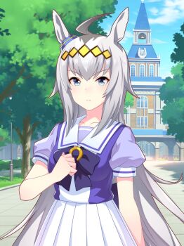 1girl absurdly_long_hair absurdres ahoge animal_ears arch artist_request back_bow bare_arms bell blue_bow blue_bowtie blue_eyes blue_shirt blue_sky bow bowtie brooch clenched_hand closed_mouth cloud cowboy_shot determined diamond_hairband ear_ornament eyelashes frown furrowed_brow game_cg grey_hair hair_between_eyes hairband hand_on_own_hip high-waist_skirt highres horse_ears horse_girl horseshoe jewelry lamppost light_blush long_hair official_art oguri_cap_(umamusume) path pleated_skirt puffy_short_sleeves puffy_sleeves road sailor_collar school school_uniform shade shirt short_sleeves sidelocks skirt sky solo standing tracen_academy tracen_school_uniform tree tsurime two-tone_shirt umamusume very_long_hair white_sailor_collar white_shirt white_skirt yellow_hairband