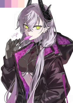 1girl black_jacket breasts candy demon_horns earrings fate/grand_order fate_(series) food gradient_hair green_eyes highres horns jacket jewelry large_breasts lilith_(fate) lollipop looking_at_viewer multicolored_hair neck_tattoo open_clothes open_jacket pink_hair poppoman single_earring solo tattoo twintails white_hair