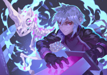 1boy absurdres black_gloves black_jacket black_shirt blue_fire closed_mouth commentary english_commentary fire gloves grey_hair hair_between_eyes highres holding holding_sword holding_weapon jacket long_sleeves looking_at_viewer lydialing_draws male_focus open_clothes open_jacket original parted_bangs red_eyes scrape shirt short_hair skeleton_horse smile solo sword upper_body weapon zipper