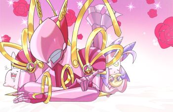 Rule 34 | armor, closed eyes, digimon, digimon (creature), flower, gradient background, helmet, highres, hokanko0, lordknightmon, lunamon, lying, on stomach, pink armor, pink background, pink helmet, red flower, red rose, rose, saliva, simple background, sleeping, solo focus, sparkle, tokomon