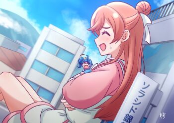 Rule 34 | 2girls, ^^^, artist name, blue eyes, blue hair, blue shirt, blue sky, blurry, blurry background, bow, building, carrying, carrying person, casual, closed eyes, cloud, cloudy sky, collared dress, commentary request, cut bangs, day, depth of field, dress, dutch angle, frown, giant, giantess, hair bow, hair bun, hair ribbon, highres, hirogaru sky! precure, long hair, long sleeves, looking at another, looking back, medium hair, multiple girls, nijigaoka mashiro, open mouth, outdoors, pink dress, pink hair, precure, ribbon, shirt, short dress, side ponytail, signature, single hair bun, single sidelock, sitting, sky, smile, sora harewataru, sweatdrop, t-shirt, translated, two-tone dress, two-tone shirt, white dress, white ribbon, white shirt, yellow bow, zerolay