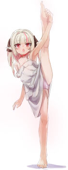 1girl bare_legs bare_shoulders barefoot blush collar dress drill_hair flat_chest full_body highres loli long_hair looking_at_viewer makaino_ririmu makaino_ririmu_(3rd_costume) multicolored_hair nijisanji open_mouth panties pink_panties pointy_ears red_collar red_eyes sabamen simple_background solo split standing standing_on_one_leg standing_split streaked_hair twin_drills underwear virtual_youtuber white_background white_dress