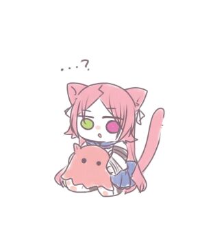 Rule 34 | ...?, 1girl, animal ears, animal hands, assault lily, back bow, blue bow, blue sailor collar, boots, bow, brown pantyhose, cat ears, cat girl, cat paws, cat tail, chibi, commentary, detached sleeves, full body, green eyes, hair ribbon, heterochromia, holding, holding stuffed toy, kemonomimi mode, layered sleeves, long hair, long sleeves, looking at object, miniskirt, nigari (ngari 0115), no pupils, odaiba girls high school uniform, pantyhose, parted bangs, parted lips, paw shoes, pleated skirt, red eyes, red hair, ribbon, sailor collar, school uniform, serafuku, shiba tomoshibi, shirt, shoe soles, sitting, skirt, sleeveless, sleeveless shirt, solo, stuffed animal, stuffed octopus, stuffed toy, tail, tail raised, very long hair, white boots, white ribbon, white shirt