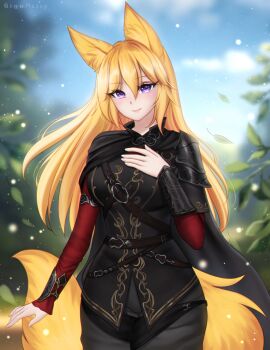 Rule 34 | 1girl, animal ear fluff, animal ears, artist name, belt, black bracer, black cape, blonde hair, bracer, cape, clothing request, commentary, cowboy shot, english commentary, falling leaves, fox ears, fox girl, fox tail, gigamessy, hair between eyes, hand on own chest, hand up, highres, kitsune, leaf, light blush, light particles, long hair, long sleeves, looking at viewer, multiple belts, multiple tails, original, purple eyes, smile, solo, standing, tail