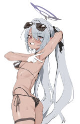Rule 34 | 1girl, absurdres, arm behind head, arm up, armpits, ass, banssee, bare shoulders, bikini, black bikini, blue archive, blush, breasts, choker, clenched teeth, cowboy shot, dark-skinned female, dark skin, eyewear on head, gloves, grey hair, hair between eyes, hair ornament, hair over one eye, hair ribbon, halo, highres, iori (blue archive), iori (swimsuit) (blue archive), long hair, looking at viewer, looking back, multi-strapped bikini bottom, official alternate costume, pointy ears, presenting armpit, red eyes, ribbon, simple background, small breasts, solo, spread armpit, string bikini, sunglasses, sweat, swimsuit, teeth, thigh strap, twintails, v-shaped eyebrows, very long hair, white background, white gloves