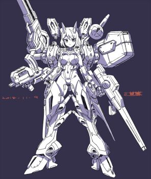 1girl breasts covered_erect_nipples dated dendrobium_schema dual_wielding grey_background grey_eyes gun gundam gundam_0083 highres holding holding_gun holding_weapon large_breasts looking_at_viewer mecha_musume medium_hair michi_kuso personification signature solo weapon white_hair