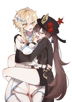 2girls :d ahoge black_hat black_nails black_shorts blonde_hair blush breasts brown_hair brown_shirt chinese_clothes cleavage closed_eyes coattails couple cowboy_shot criss-cross_halter detached_sleeves dress flower furrowed_brow genshin_impact hair_between_eyes hair_flower hair_ornament halterneck hand_on_another&#039;s_hip hand_on_another&#039;s_shoulder hat hat_flower hat_tassel high-low_dress highres hu_tao_(genshin_impact) hug leg_lock long_hair long_sleeves looking_at_another lumine_(genshin_impact) medium_breasts multicolored_flower multiple_girls open_mouth pankou plum_blossoms ponytail porkpie_hat print_shirt red_flower scarf shirt short_hair_with_long_locks short_shorts shorts simple_background smile standing standing_leg_lock thighhighs thighs vambraces very_long_hair white_background white_dress white_flower white_scarf white_sleeves white_thighhighs yellow_eyes yunoji_(onigiri_yumi09) yuri zettai_ryouiki