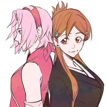 2girls alternate_hairstyle bare_shoulders bleach breasts brown_eyes closed_mouth crossover hair_ornament hairclip haruno_sakura highres inoue_orihime japanese_clothes large_breasts long_hair medium_hair multiple_girls n_(nauki_11) naruto_(series) naruto_shippuuden orange_hair pink_hair shihakusho simple_background smile snowflake_hair_ornament upper_body white_background