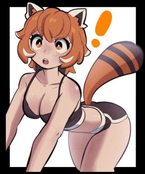 Rule 34 | !, 1girl, amazu (kurozu), black border, black eyes, black shorts, black sports bra, blush, border, breasts, bright pupils, cleavage, collarbone, commentary, english commentary, hair between eyes, large breasts, micro shorts, multicolored eyes, multicolored hair, open mouth, original, red eyes, red hair, red panda ears, red panda girl, red panda tail, short hair, shorts, simple background, solo, sports bra, teeth, tongue, upper teeth only, white background, white hair, white pupils