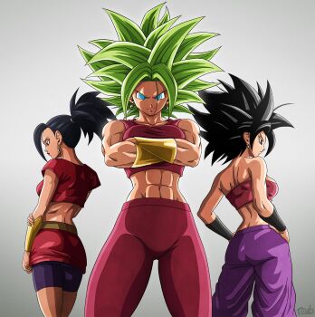 3girls abs absurdres black_hair blue_eyes breasts caulifla cowboy_shot cropped_shirt crossed_arms dragon_ball dragon_ball_super earrings green_hair grey_background group_picture high_ponytail highres jewelry kale_(dragon_ball) kefla_(dragon_ball) legendary_super_saiyan medium_breasts medium_hair multiple_girls muscular muscular_female pants pantyhose pink_pantyhose pink_shirt pink_tube_top ponytail potara_earrings purple_pants red_shirt red_skirt roub3d shirt simple_background skirt spiked_hair strapless super_saiyan tube_top