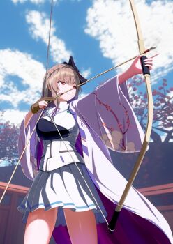 Rule 34 | 1girl, aiming, archery, arrow (projectile), blue sky, blunt bangs, bow (weapon), braid, breasts, brown gloves, brown hair, closed mouth, cloud, crown braid, day, drawing bow, floral print, fox mask, gloves, grey hair, haori, heaven burns red, highres, holding, holding arrow, holding bow (weapon), holding weapon, japanese clothes, kimono, kiryuu miya, kyuudou, large breasts, long hair, looking afar, looking to the side, mask, mask on head, miniskirt, muneate, netarou (shinra), outdoors, outstretched arm, partially fingerless gloves, partly fingerless gloves, pleated skirt, red eyes, school uniform, single glove, skirt, sky, solo, standing, v-shaped eyebrows, weapon, white skirt, wide sleeves, yugake, yumi (bow)