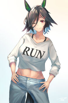 absurdres animal_ears bandaid bandaid_on_cheek bandaid_on_face black_hair blue_pants blush bra_strap breasts closed_mouth collarbone commentary_request denim hair_between_eyes hair_ornament hairclip highres horse_ears horse_girl horse_tail jeans long_sleeves looking_at_viewer medium_breasts midriff navel one_eye_closed pants parted_bangs red_eyes sasami_oishine shirt short_hair smile swept_bangs tail umamusume white_shirt winning_ticket_(umamusume)