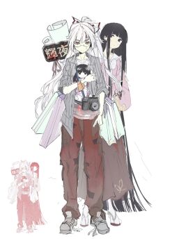 Rule 34 | 2girls, absurdres, adapted costume, bamboo print, black hair, blush, bow, buttons, camera, camera around neck, fujiwara no mokou, glasses, hair bow, highres, hime cut, houraisan kaguya, long hair, long skirt, long sleeves, multiple girls, ofuda, ofuda on clothes, pants, pink shirt, red eyes, red pants, sesmkun, shirt, shoes, skirt, touhou, untied shoelaces, very long hair, white bow, white hair, wide sleeves, zoom layer