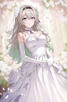 1girl absurdres alternate_costume aqua_hair bare_shoulders black_hairband breasts bridal_veil cleavage closed_mouth dress dress_flower elbow_gloves firefly_(honkai:_star_rail) flower gloves gradient_hair grey_hair hair_between_eyes hair_ornament hairband highres honkai:_star_rail honkai_(series) large_breasts long_hair multicolored_eyes multicolored_hair okkimon smile solo standing veil very_long_hair wedding_dress white_dress white_flower white_gloves white_veil