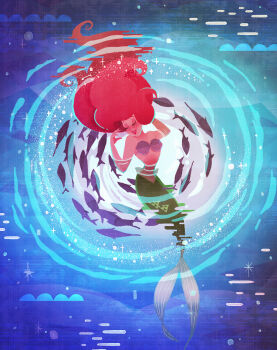 Rule 34 | 1girl, air bubble, ariel (disney), arms up, bare shoulders, bikini, blue background, blush, bubble, closed eyes, commentary request, disney, fins, fish, floating hair, green scales, green tail, hair floating upwards, highres, long hair, merfolk, mermaid, monster girl, naco oekaki, open mouth, red hair, red lips, shell, shell bikini, smile, solo, sparkle, swimsuit, teeth, the little mermaid (disney), underwater, upper teeth only