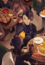 Rule 34 | 4girls, androgynous, armor, au ra, black gloves, black hair, bowl, bread, breastplate, candy, commentary, cup, dragon horns, earrings, eating, expressionless, final fantasy, final fantasy xiv, fingerless gloves, food, food on face, from above, gloves, holding, holding cup, holding food, holding plate, horns, hotaro (bread fusa), indoors, jar, jewelry, multiple girls, out of frame, pauldrons, people, pie, pie slice, plate, purple sash, reverse trap, sash, short hair, shoulder armor, signature, single pauldron, sitting, swept bangs, symbol-only commentary, table, teacup, twitter username, warrior of light (ff14), zero (ff14)