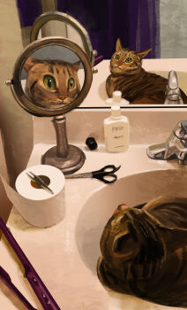 absurdres animal animal_focus bathroom bottle cat faucet hair_straightener highres indoors mirror no_humans original painterly paul_rabaud photo-referenced reflection scissors sink solo toilet_paper
