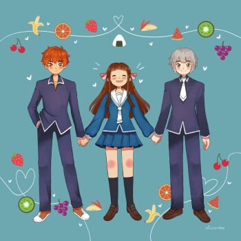 Rule 34 | 1girl, 2boys, ^ ^, alicia rose, artist name, banana, blue skirt, brown hair, cherry, closed eyes, commentary, english commentary, food, fruit, fruits basket, full body, grapefruit, grapes, grey hair, hair ribbon, hand in pocket, heart, highres, holding hands, honda tohru, kiwi (fruit), kneehighs, long hair, looking at viewer, multiple boys, notice lines, onigiri, orange hair, pink ribbon, ribbon, sailor collar, school uniform, short hair, sidelocks, skirt, socks, sohma kyou, sohma yuki, strawberry, watermelon, watermelon slice