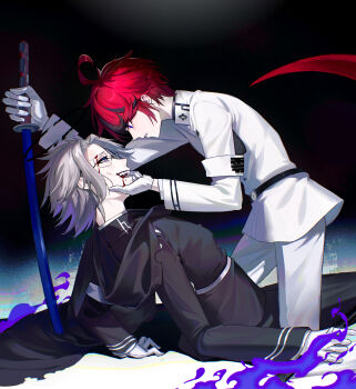 2boys 32017 absurdres ahoge aotsuki_eito armband belt black_belt black_cape black_hair black_jacket black_pants blood blood_on_face blue_eyes cape chinese_commentary commentary_request eyelashes fangs glasses gloves grey_hair halo hand_on_another&#039;s_chin highres holding holding_sword holding_weapon jacket kneeling last_defense_academy_school_uniform male_focus multicolored_hair multiple_boys official_alternate_color open_mouth pants red_hair school_uniform semi-rimless_eyewear short_hair smile spoilers streaked_hair sumino_takumi sword the_hundred_line_-last_defense_academy- two-tone_hair weapon white_armband white_belt white_gloves white_jacket white_pants yaoi