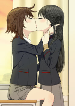 2girls absurdres black_hair black_jacket blazer brown_hair classroom closed_eyes commentary_request curtains desk dusk french_kiss grey_skirt hand_in_another's_hair highres holding_another's_wrist indoors jacket kiss long_hair medium_hair multiple_girls original ryuusa school_desk skirt yuri