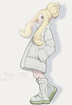 1girl absurdres blonde_hair blue_eyes coat from_side full_body hair_between_eyes hair_bun hands_in_pockets highres korrina_(pokemon) long_hair long_sleeves nintendo noi_(noi_pk27) pokemon pokemon_legends:_z-a simple_background solo standing twintails white_coat winter_clothes winter_coat