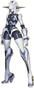 1girl absurdres blunt_bangs breasts commentary concept_art high_heels highres humanoid_robot mecha_musume medium_breasts momo_(optune) nipples optune original outline robot robot_girl solo thighhighs white_background white_hair white_thighhighs yellow_eyes yellow_outline