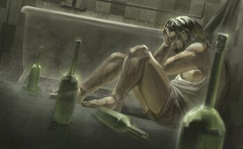Rule 34 | 1boy, against wall, alcohol, barefoot, bathroom, bathtub, black hair, bottle, curtains, disco elysium, doggamia, dutch angle, full body, hand on own forehead, harry du bois, highres, indoors, knees up, leg hair, limited palette, male focus, painterly, sepia, shirt, short hair, shorts, sitting, sleeveless, sleeveless shirt, solo, tank top, tile wall, tiles, toned, toned male, white shirt
