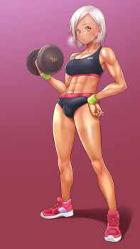 1futa abs black_sports_bra bulge covered_testicles daisy_mitsumata daisymitsumata dumbbell erection erection_under_clothes exercising full-package_futanari futanari hand_on_own_hip highres midriff muscular muscular_female original shoes short_hair sneakers solo sports_bra tan tanline testicles weightlifting weights white_hair wristband yellow_eyes