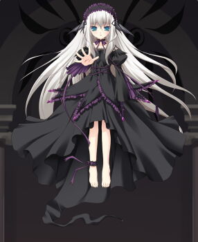 00s 11eyes 1girl 3days ankle_garter barefoot black_theme chikotam dress female_focus full_body game_cg gothic_lolita gown high-low_dress high-low_skirt lisette_vertorre lolita_fashion open_hand raswell_(company) reaching reaching_towards_viewer silver_hair solo
