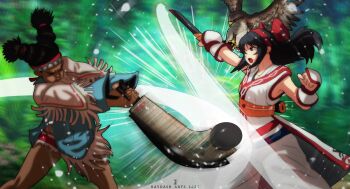 2girls ainu_clothes armpit_peek armpits attack black_eyes black_hair braid breasts capcom clash clenched_hand closed_eyes crossover dark-skinned_female dark_skin fingerless_gloves gloves hair_ribbon half-closed_eyes highres legs lily_hawk long_hair mamahaha multiple_girls nakoruru native_american open_mouth raydash30 ribbon samurai_spirits serious shorts small_breasts snk street_fighter street_fighter_6 the_king_of_fighters the_king_of_fighters_xv thighs tongue twin_braids weapon