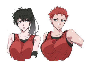2girls a_nzi_end black_hair closed_mouth commentary_request cropped_torso genderswap genderswap_(mtf) grey_eyes highres multiple_girls ponytail red_hair red_tank_top rukawa_kaede sakuragi_hanamichi sideways_glance simple_background slam_dunk_(series) tank_top white_background