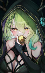 Rule 34 | 1girl, absurdres, alternate costume, antlers, apple, bare shoulders, black bridal gauntlets, black nails, blush, breasts, bridal gauntlets, ceres fauna, cleavage, dark background, eating, food, fruit, green hair, highres, holding, holding food, holding fruit, hololive, hololive english, hood, hood up, horns, large breasts, mole, mole under eye, psypolo d, shadow, solo, upper body, yellow eyes