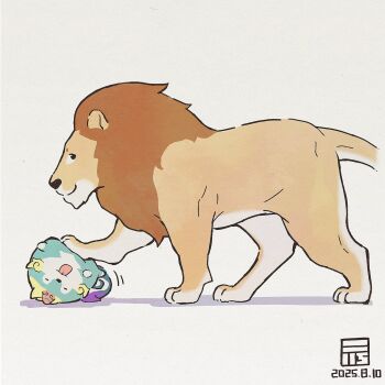 :p animal animal_focus closed_eyes closed_mouth commentary_request dated highres lion no_humans simple_background tama-jii tensui_no_sakuna-hime tongue tongue_out white_background y_koichi