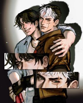 bat_signal batman_(series) batman_symbol black_bodysuit black_gloves black_hair blue_eyes bodysuit brothers brown_jacket dc_comics dick_grayson gloves grey_bodysuit highres jacket jason_todd male_focus multicolored_bodysuit multicolored_hair multiple_boys muscular muscular_male open_clothes pants red_hood_(dc) red_hood_and_the_outlaws scar scar_on_face short_hair siblings smile superhero_costume taut_bodysuit two-tone_bodysuit white_hair xiyattica