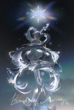 1girl absurdres aqua_eyes aqua_hair arm_up asymmetrical_legwear ballerina ballet_slippers dress gloves gold_thighlet gramophone_miku gramophone_miku_(frostflower) hatsune_miku highres lan2546426 long_hair looking_at_viewer miku_symphony_(vocaloid) official_alternate_costume official_alternate_hairstyle parted_lips short_sleeves snowflakes solo strapless strapless_dress thighhighs thighlet tutu very_long_hair vocaloid white_gloves white_thighhighs