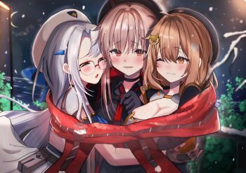 3girls absurdres anis_(nikke) beret black_choker black_hat black_shirt blush breasts brown_eyes brown_hair choker cleavage closed_mouth commentary_request goddess_of_victory:_nikke grey_hair hair_ornament hairpin hat highres jacket large_breasts long_hair looking_at_viewer medium_hair multiple_girls namakepo necktie neon_(nikke) open_mouth outdoors rapi_(nikke) red_eyes red_necktie red_scarf scarf shirt smile snow snowing white_hat white_jacket