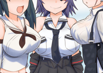 3girls akashieru atlanta_(kancolle) black_jacket black_skirt breast_pocket breasts brown_hair brown_neckerchief checkered_clothes checkered_necktie detached_sleeves dress_shirt earrings eyepatch fur-trimmed_jacket fur_trim green_hair high-waist_skirt isuzu_(kancolle) jacket jewelry kantai_collection large_breasts long_hair long_sleeves midriff multiple_girls navel neckerchief necktie open_mouth pocket purple_hair school_uniform serafuku shirt short_hair single_earring skirt sleeveless sleeveless_shirt smile star_(symbol) star_earrings suspender_skirt suspenders tenryuu_(kancolle) tenryuu_kai_ni_(kancolle) twintails very_long_hair white_shirt