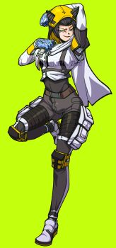 1girl absurdres arm_up belt black_bodysuit black_hair blue_eyes blue_gloves bodysuit bodysuit_under_clothes brown_belt character_request commentary commission copyright_request counter-strike_(series) counter-strike_2 dagger english_commentary full_body gloves green_background grey_shorts highres holding holding_dagger holding_knife holding_weapon hood hood_up hugo_(rushbordie) jacket karambit knife looking_at_viewer open_mouth scarf shoes short_hair shorts simple_background smile solo standing standing_on_one_leg v-shaped_eyebrows weapon white_jacket white_scarf white_shoes yellow_hood