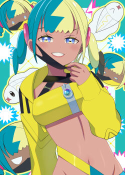1girl absurdres bandeau blue_eyes canari_(pokemon) commentary_request cropped_jacket eyelashes gen_5_pokemon grin highres jacket long_sleeves looking_at_viewer mask mask_pull mouth_mask multicolored_hair multiple_views navel nemunemu_0826 nintendo open_clothes open_jacket pokemon pokemon_(creature) pokemon_legends:_z-a short_twintails sleeves_past_wrists smile teeth textless_version twintails tynamo yellow_bandeau yellow_jacket zipper_pull_tab