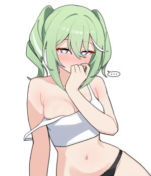 ... 1girl absurdres arm_at_side black_panties blush breasts bright_pupils camisole choppy_bangs cleavage commentary covering_own_mouth cowboy_shot crop_top dot_nose green_hair hair_between_eyes hand_up highres korean_commentary large_breasts long_bangs maksagwa medium_hair midriff multicolored_hair navel no_bra no_pants panties purple_eyes simple_background solo spaghetti_strap speech_bubble spoken_ellipsis stellive stomach strap_slip streaked_hair twintails underwear virtual_youtuber white_background white_camisole white_pupils yuzuha_riko
