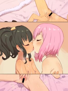 2girls anise_tatlin bar_censor black_hair breasts censored chiwino closed_eyes commission completely_nude estellise_sidos_heurassein fingering flat_chest french_kiss highres kiss large_breasts loli multiple_girls nipples nude pink_hair pussy skeb_commission tales_of_(series) tales_of_the_abyss tales_of_vesperia twintails variant_set yuri