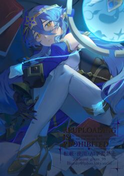 1girl absurdres bare_shoulders black_gloves blue_hair blue_hood blue_sleeves bracelet circlet claws detached_sleeves genshin_impact gloves gold_shoes hashtag-only_commentary high_heels highres hood hood_up jewelry laurel_green_99 layla_(genshin_impact) long_hair pantyhose pointy_ears shoes solo watermark white_pantyhose yellow_eyes